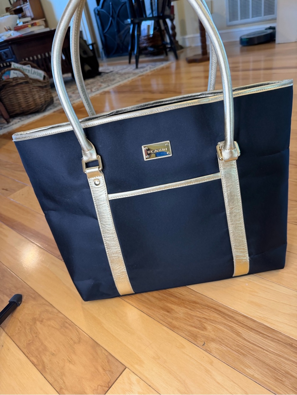 ST. JOHN Black & Metallic Gold Trim Tote Bag | Luxury Shoulder Bag Carryall